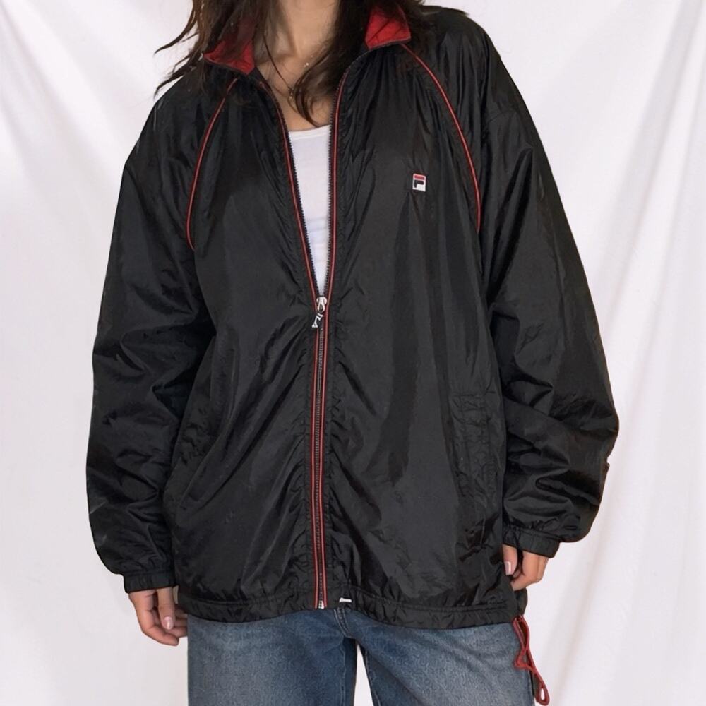 Vintage Y2K FILA Black Red Zip Front Nylon Windbreaker Jacket Large